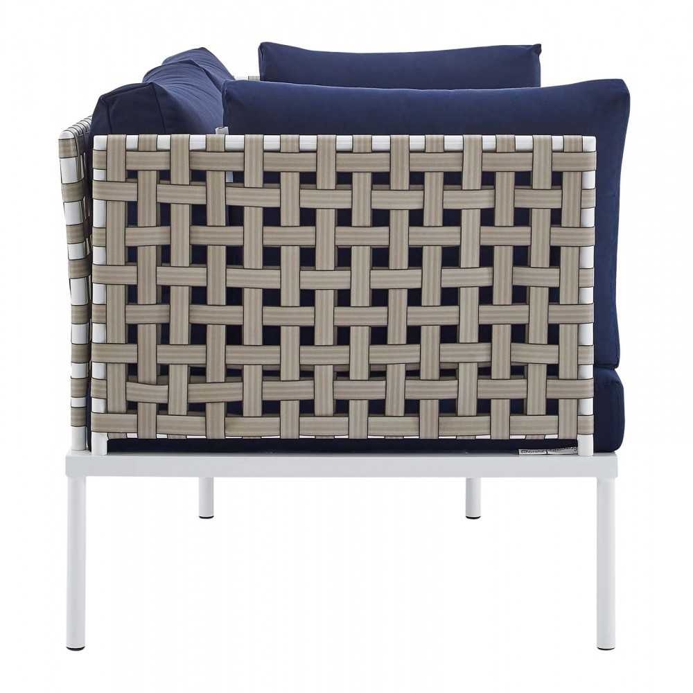 Harmony Sunbrella Basket Weave Outdoor Patio Aluminum Loveseat, Tan Navy