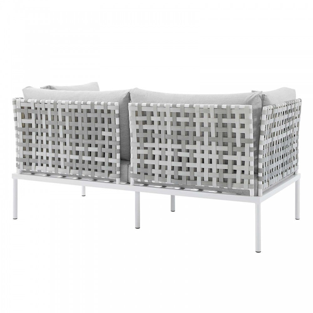 Harmony Sunbrella Basket Weave Outdoor Patio Aluminum Loveseat, Taupe Gray