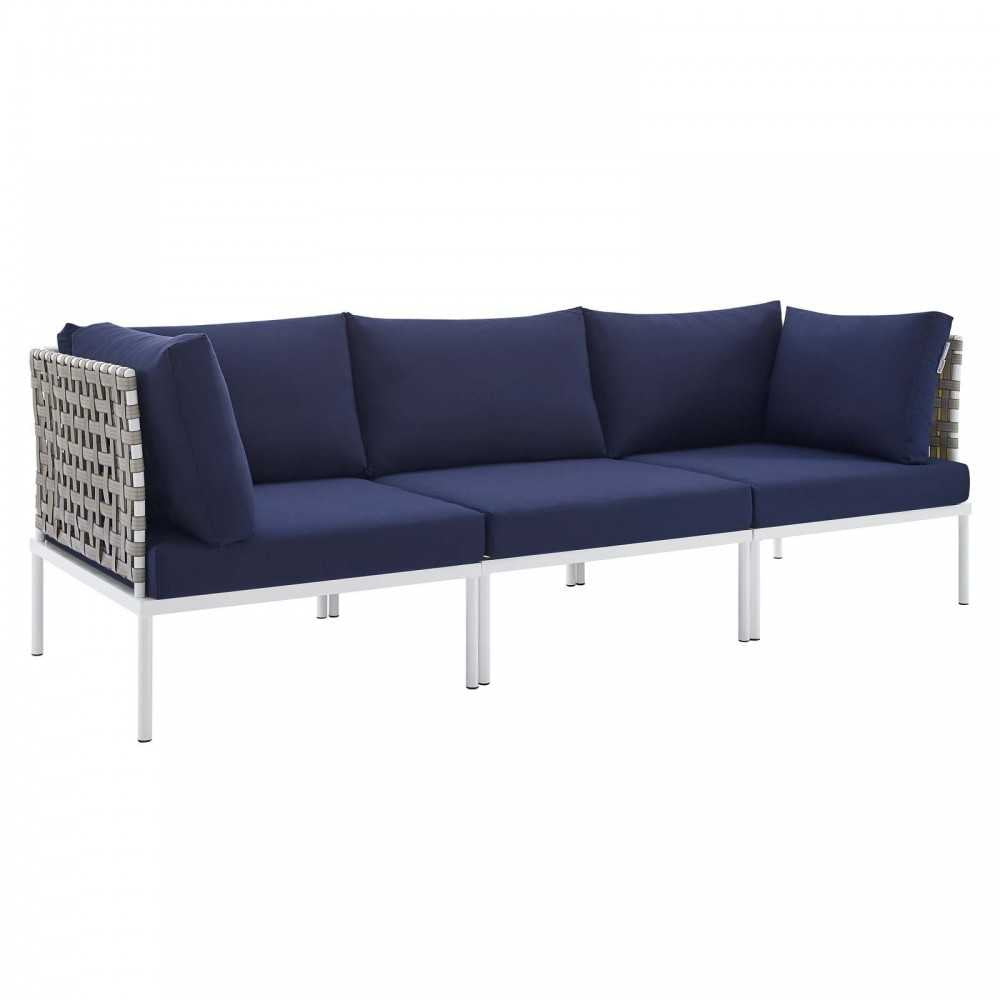 Harmony Sunbrella Basket Weave Outdoor Patio Aluminum Sofa, Tan Navy