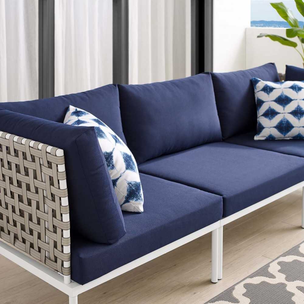 Harmony Sunbrella Basket Weave Outdoor Patio Aluminum Sofa, Tan Navy