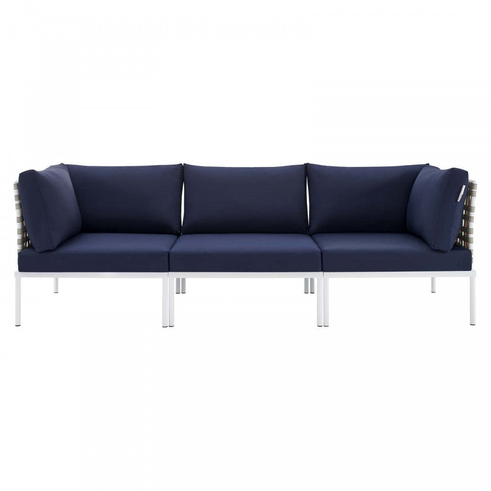 Harmony Sunbrella Basket Weave Outdoor Patio Aluminum Sofa, Tan Navy
