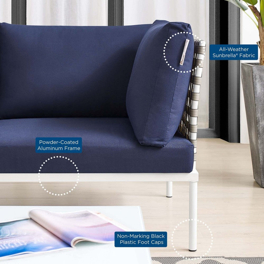 Harmony Sunbrella Basket Weave Outdoor Patio Aluminum Sofa, Tan Navy