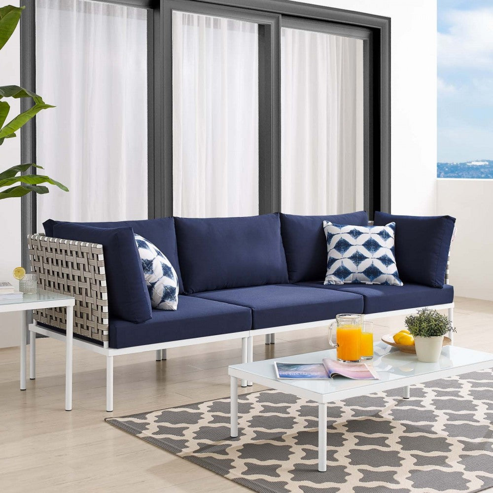 Harmony Sunbrella Basket Weave Outdoor Patio Aluminum Sofa, Tan Navy