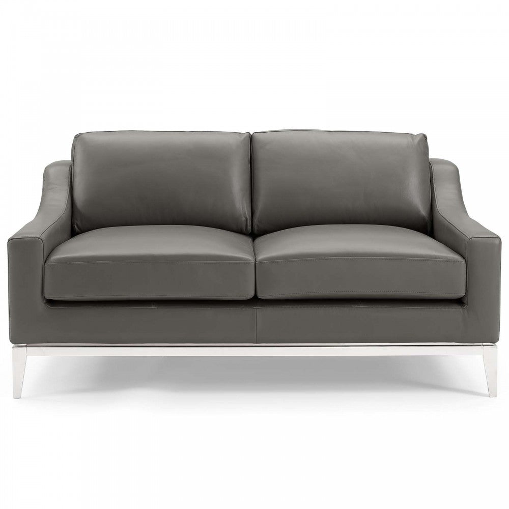 Harness 64" Stainless Steel Base Leather Loveseat, Gray