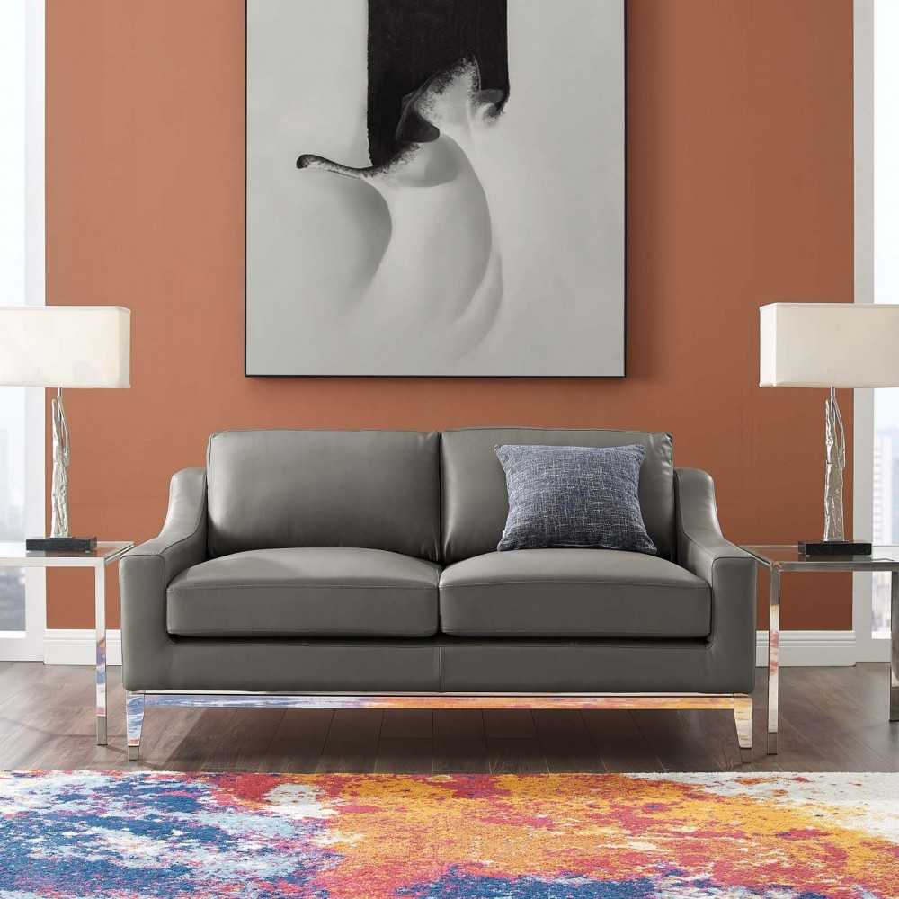 Harness 64" Stainless Steel Base Leather Loveseat, Gray
