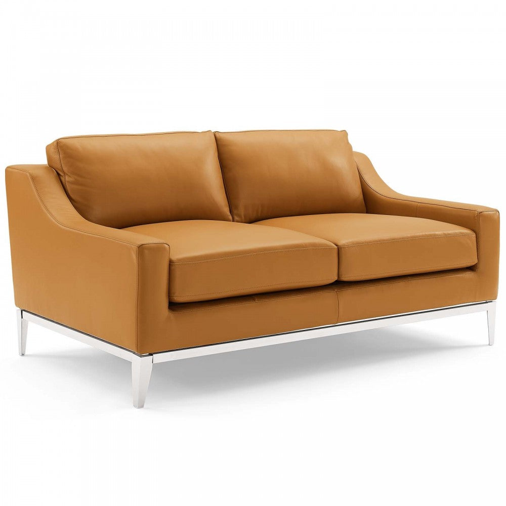 Harness Stainless Steel Base Leather Loveseat & Armchair Set, Tan