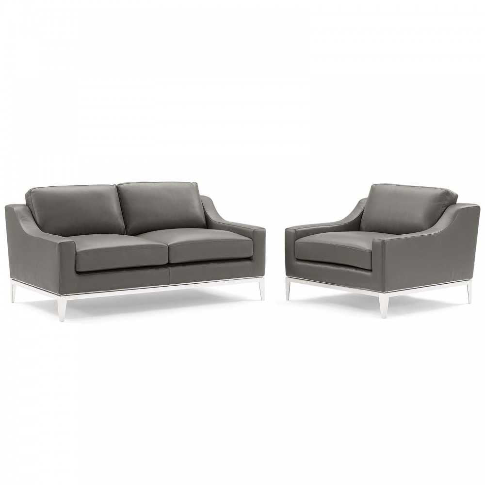 Harness Stainless Steel Base Leather Loveseat & Armchair Set, Gray