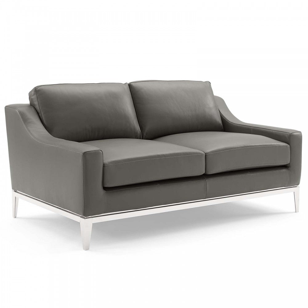 Harness Stainless Steel Base Leather Loveseat & Armchair Set, Gray