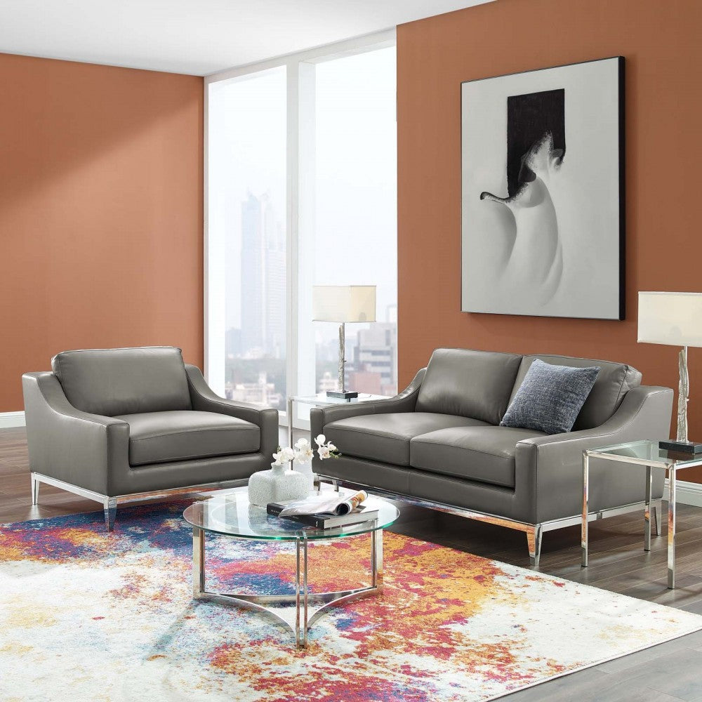 Harness Stainless Steel Base Leather Loveseat & Armchair Set, Gray