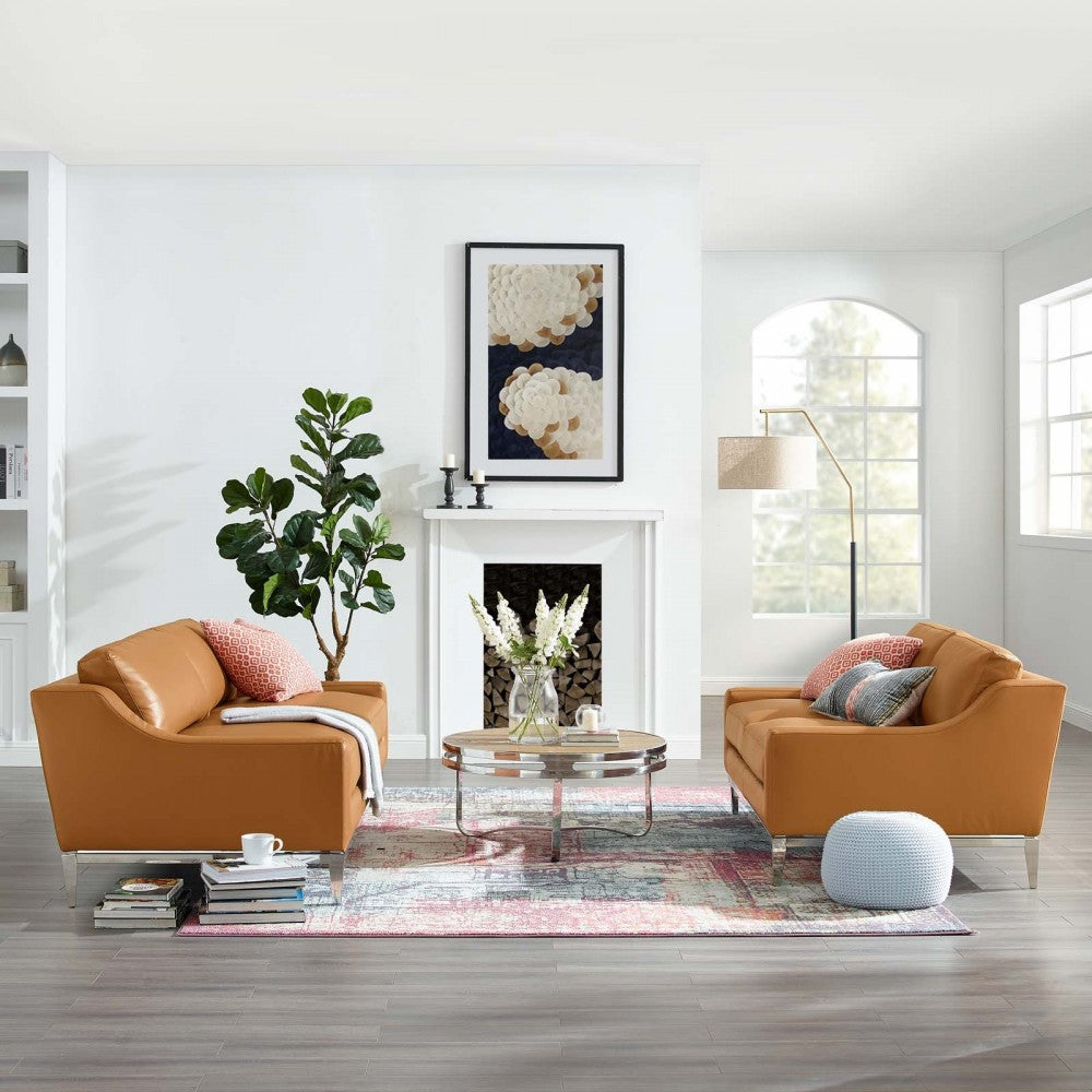 Harness Stainless Steel Base Leather Sofa and Loveseat Set, Tan