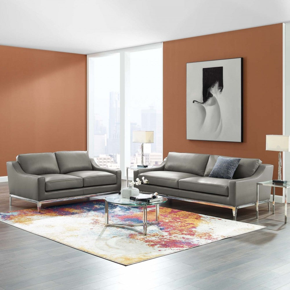 Harness Stainless Steel Base Leather Sofa and Loveseat Set, Gray