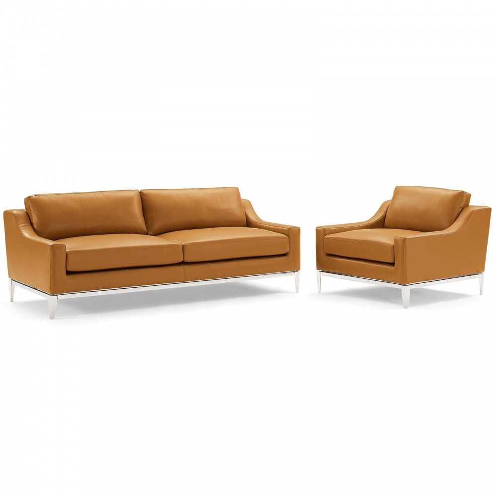 Harness Stainless Steel Base Leather Sofa & Armchair Set, Tan