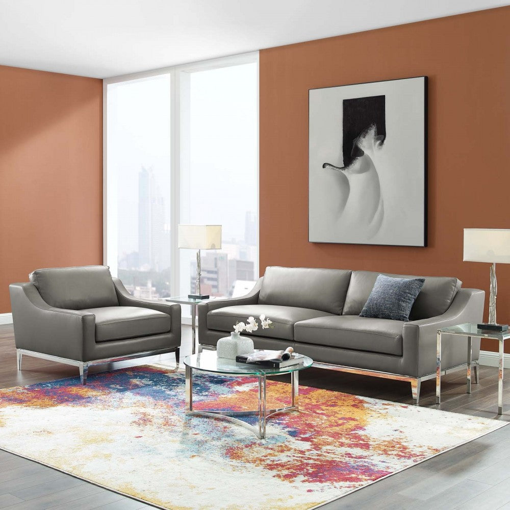 Harness Stainless Steel Base Leather Sofa & Armchair Set, Gray