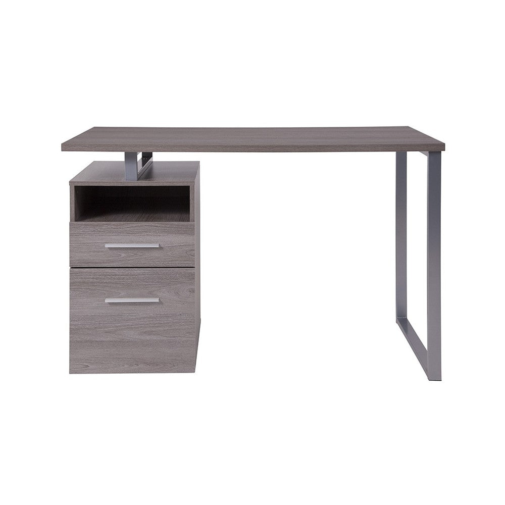 Harwood Light Ash Wood Grain Finish Computer Desk with Two Drawers and Silver Metal Frame