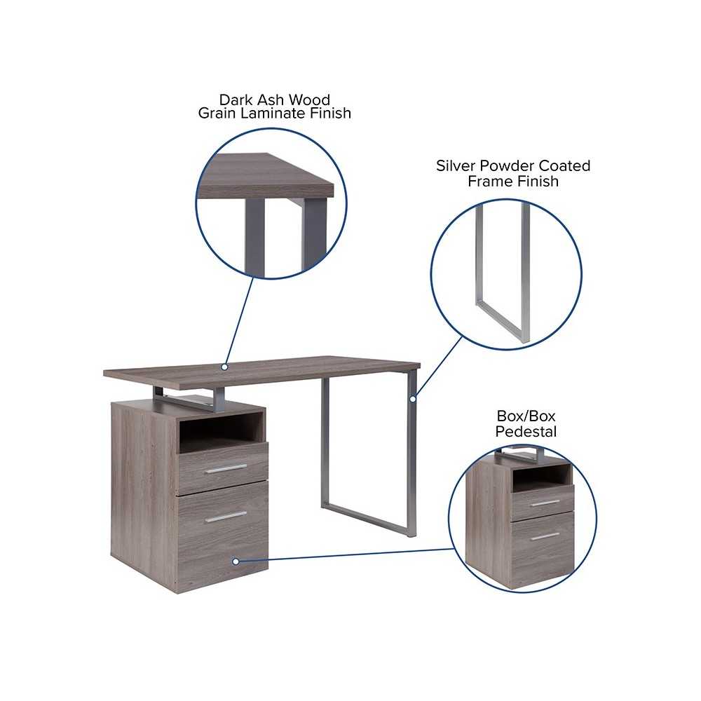 Harwood Light Ash Wood Grain Finish Computer Desk with Two Drawers and Silver Metal Frame