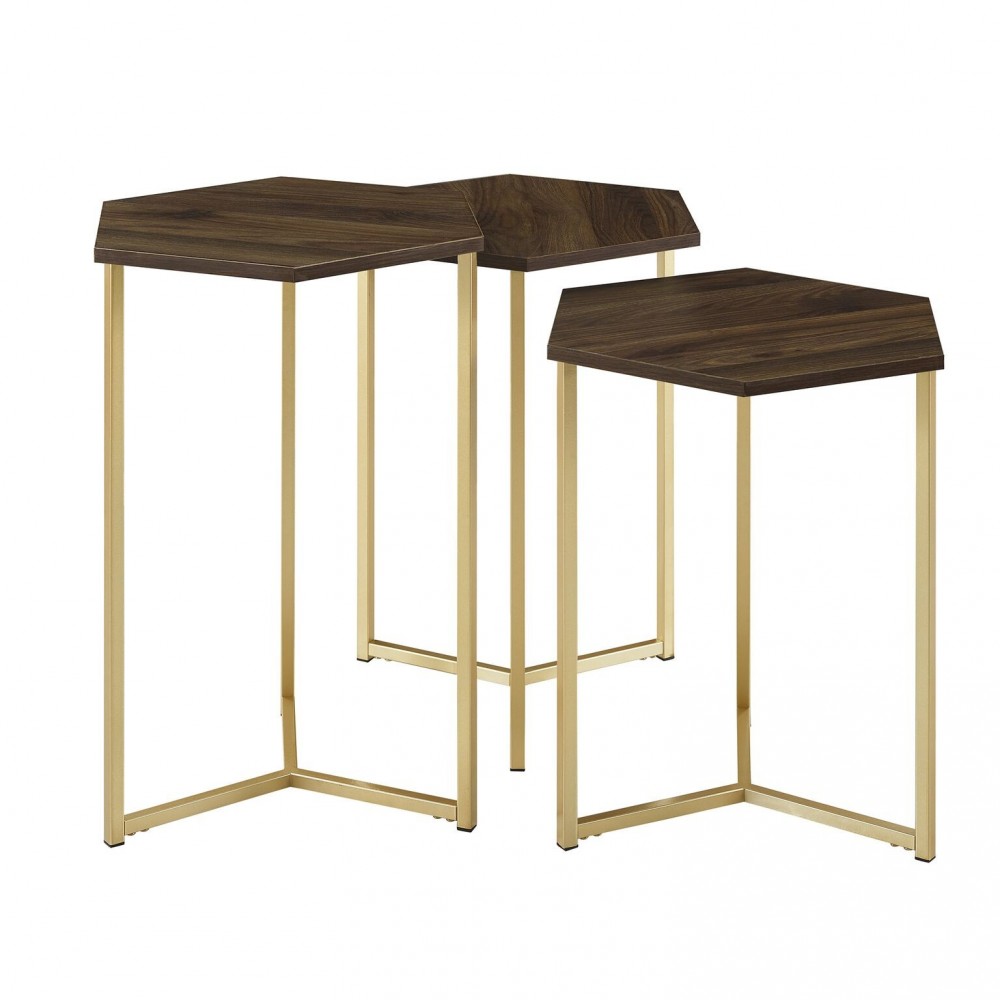 Hexagon Modern Wood Nesting Tables, Set of 3 - Dark Walnut/Gold