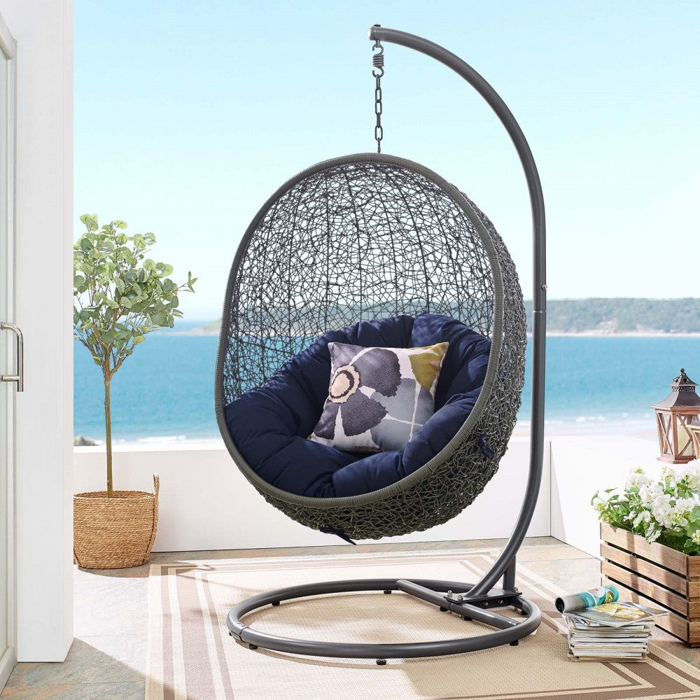 Hide Outdoor Patio Sunbrella Swing Chair With Stand, Gray Navy