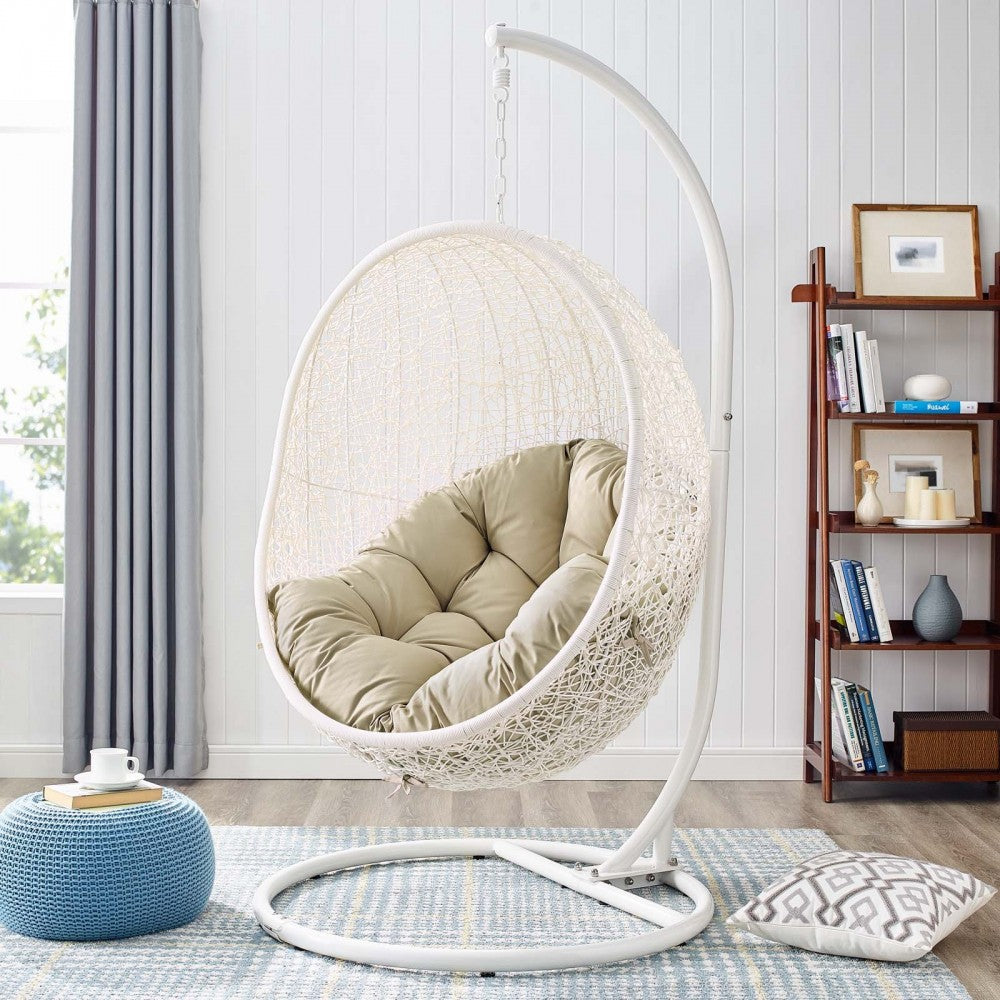 Hide Outdoor Patio Sunbrella Swing Chair With Stand, White Beige