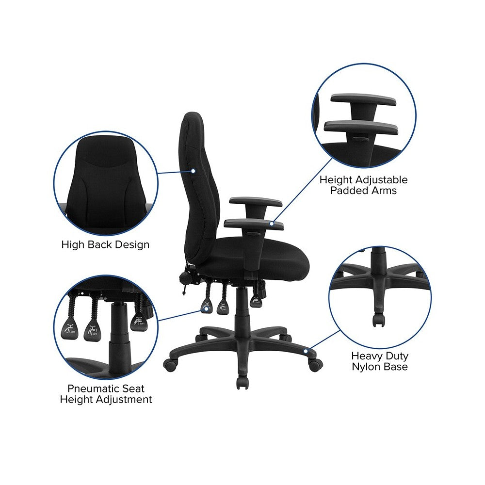 High Back Black Fabric Multifunction Swivel Ergonomic Task Office Chair with Adjustable Arms