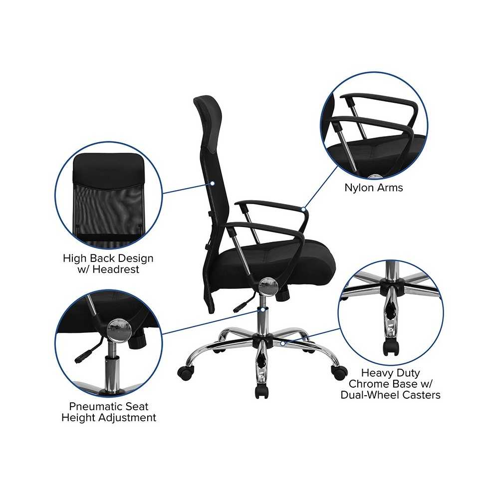 High Back Black Leather and Mesh Swivel Task Office Chair with Arms