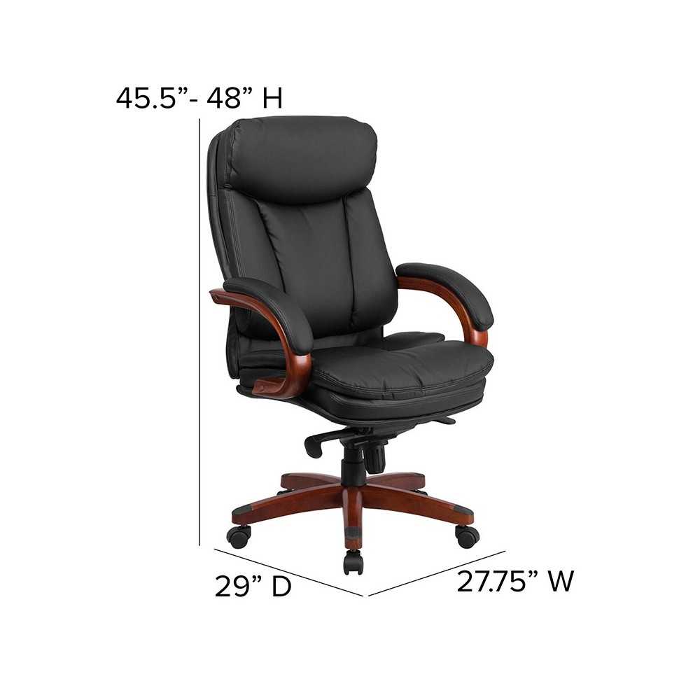 High Back Black LeatherSoft Executive Ergonomic Office Chair with Synchro-Tilt Mechanism, Mahogany Wood Base and Arms