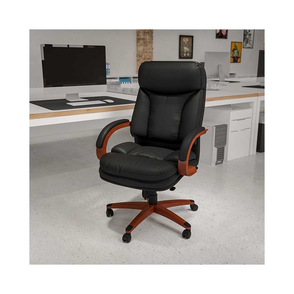 High Back Black LeatherSoft Executive Ergonomic Office Chair with Synchro-Tilt Mechanism, Mahogany Wood Base and Arms