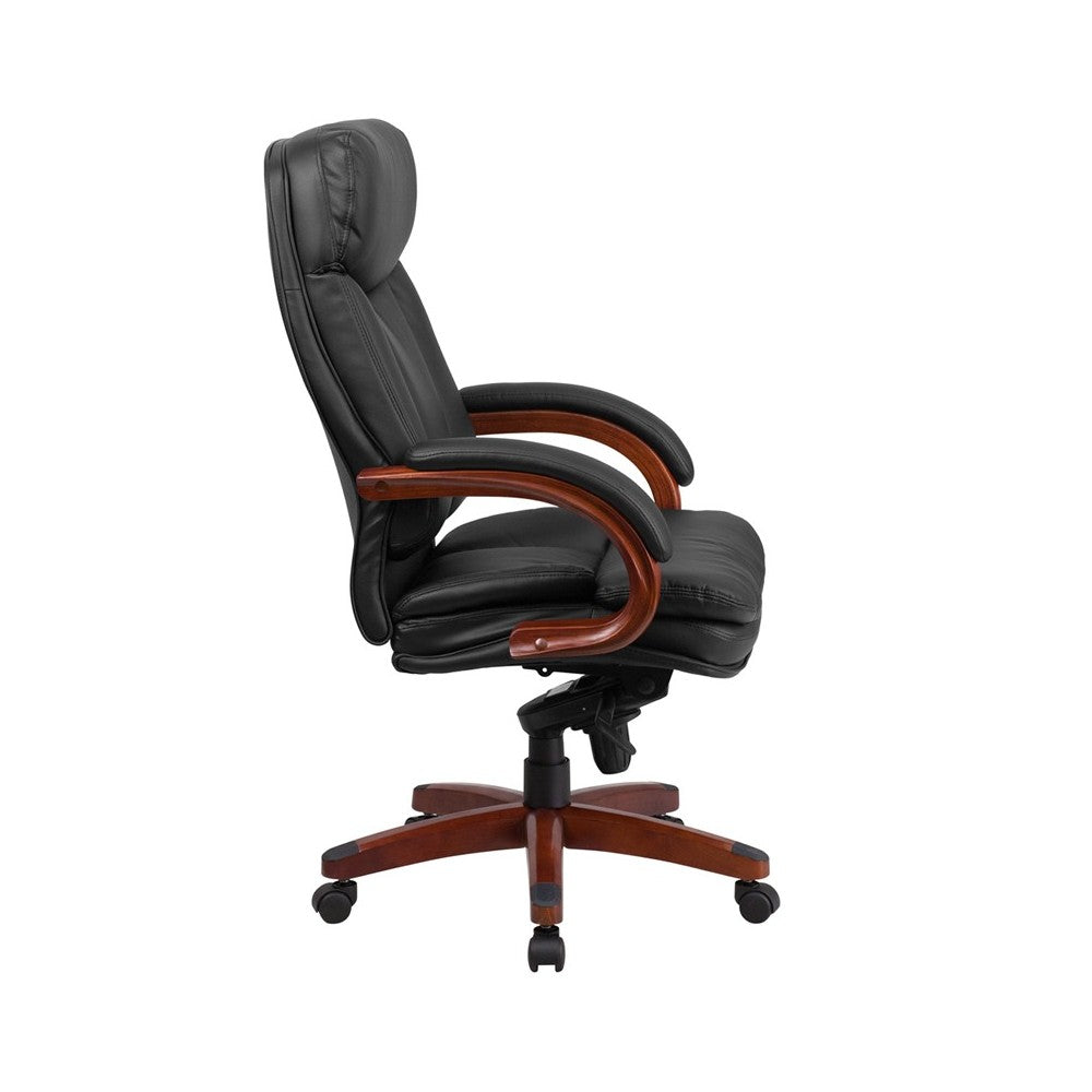 High Back Black LeatherSoft Executive Ergonomic Office Chair with Synchro-Tilt Mechanism, Mahogany Wood Base and Arms