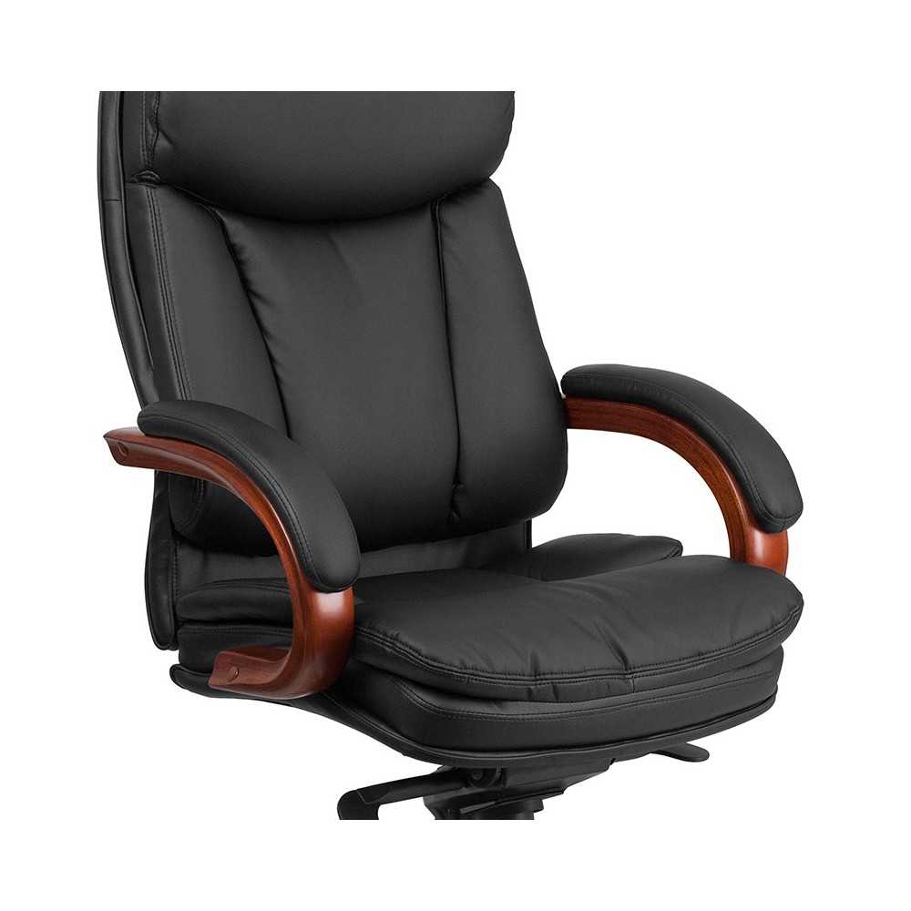 High Back Black LeatherSoft Executive Ergonomic Office Chair with Synchro-Tilt Mechanism, Mahogany Wood Base and Arms