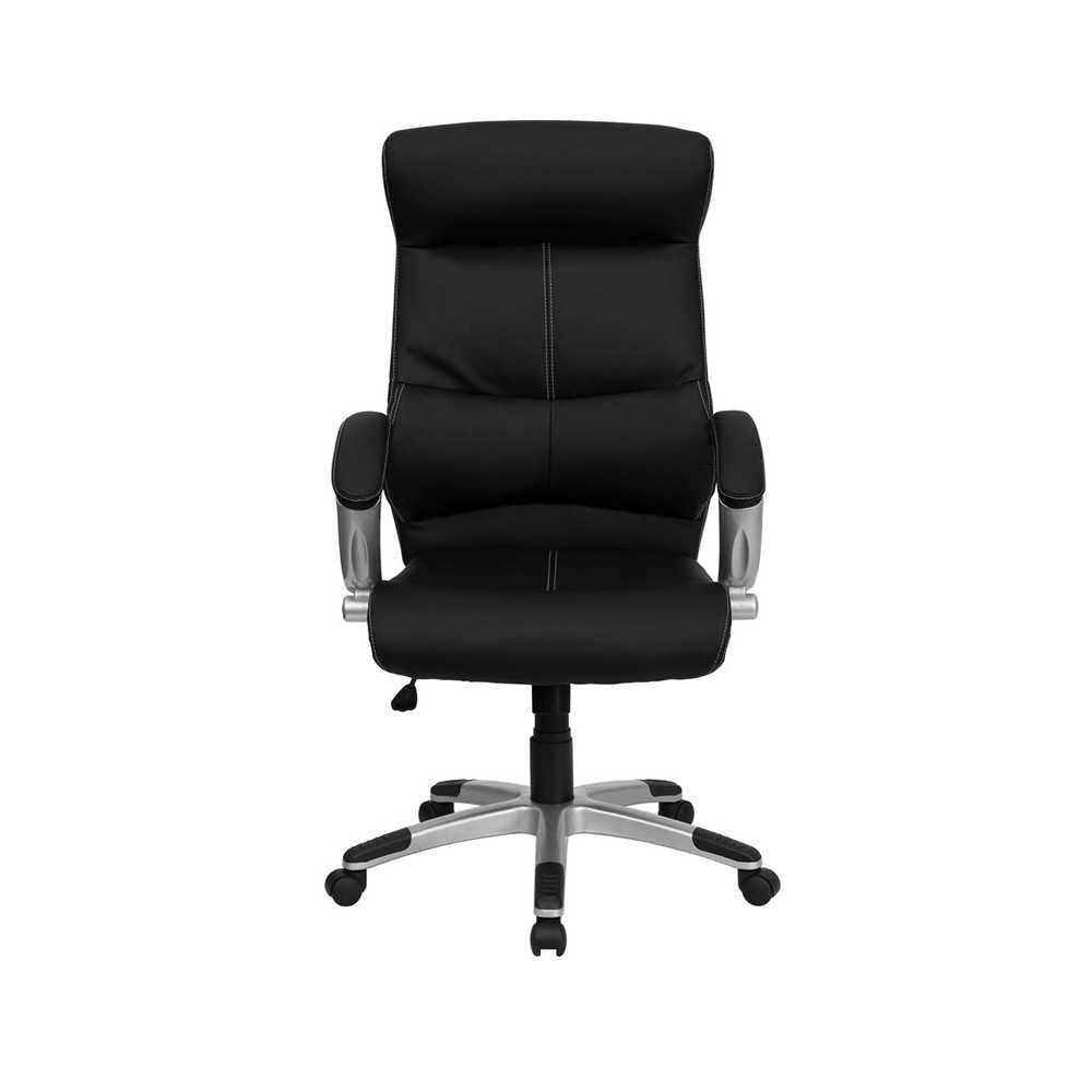High Back Black LeatherSoft Executive Swivel Office Chair with Curved Headrest and White Line Stitching