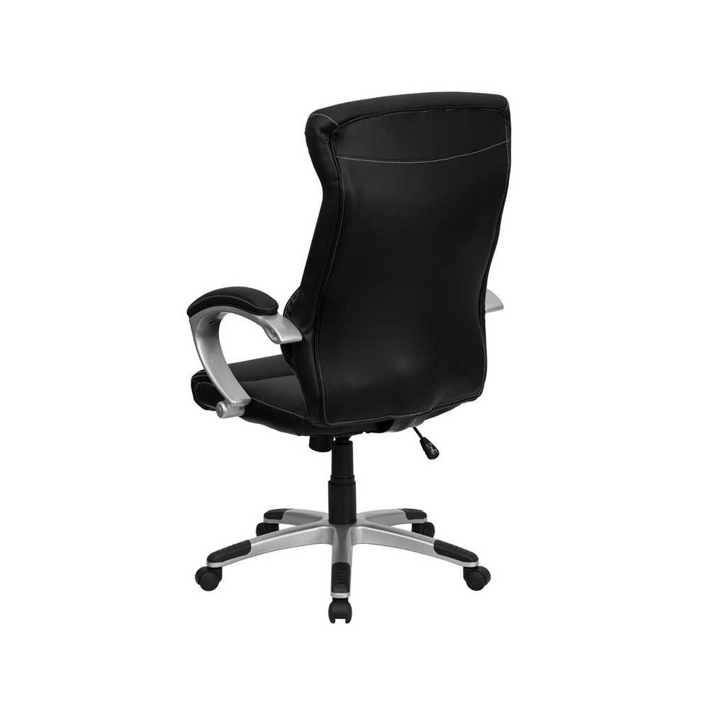 High Back Black LeatherSoft Executive Swivel Office Chair with Curved Headrest and White Line Stitching