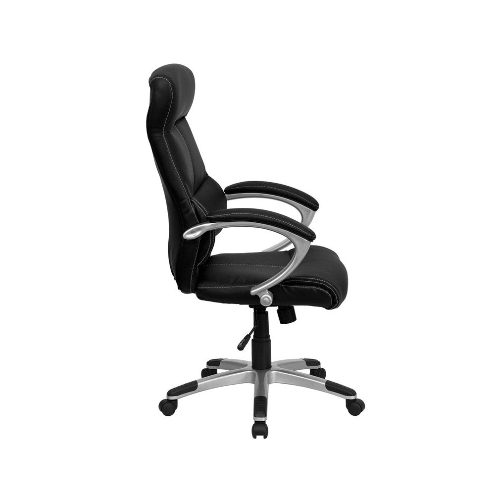 High Back Black LeatherSoft Executive Swivel Office Chair with Curved Headrest and White Line Stitching