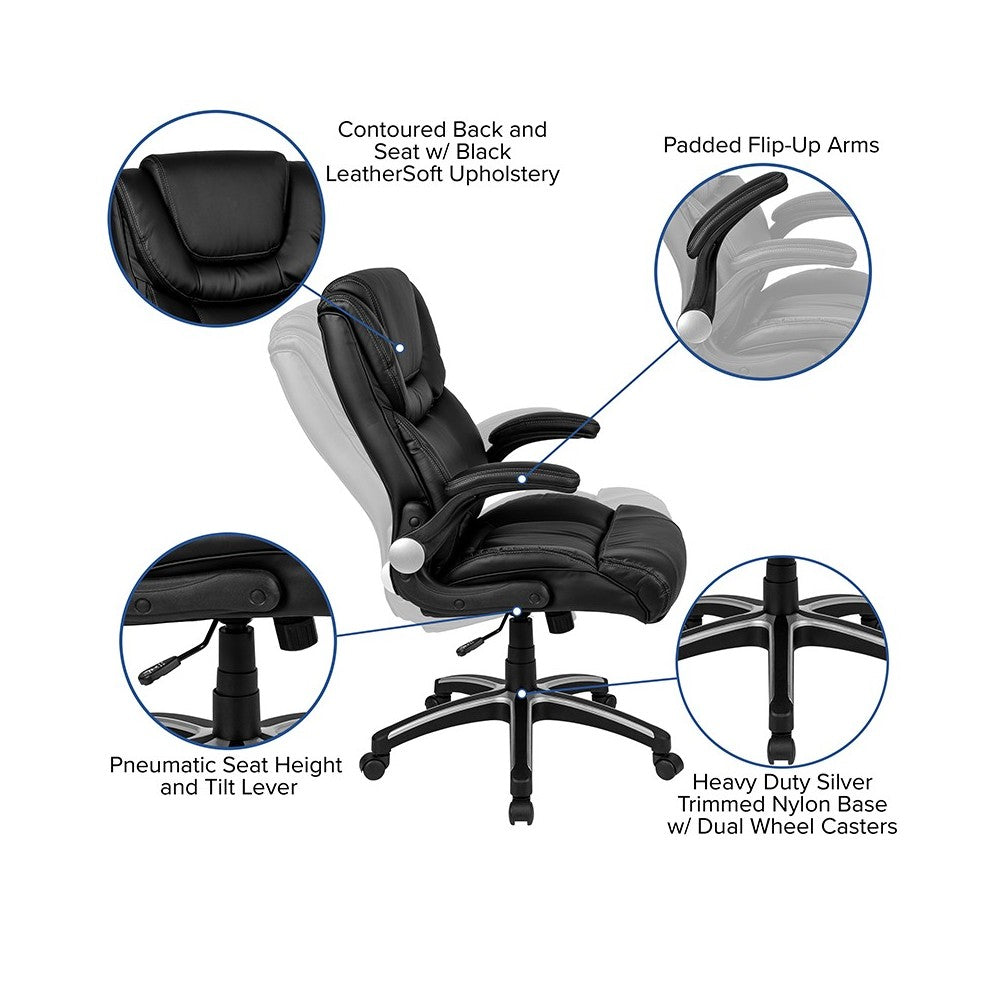 High Back Black LeatherSoft Executive Swivel Office Chair with Double Layered Headrest and Open Arms