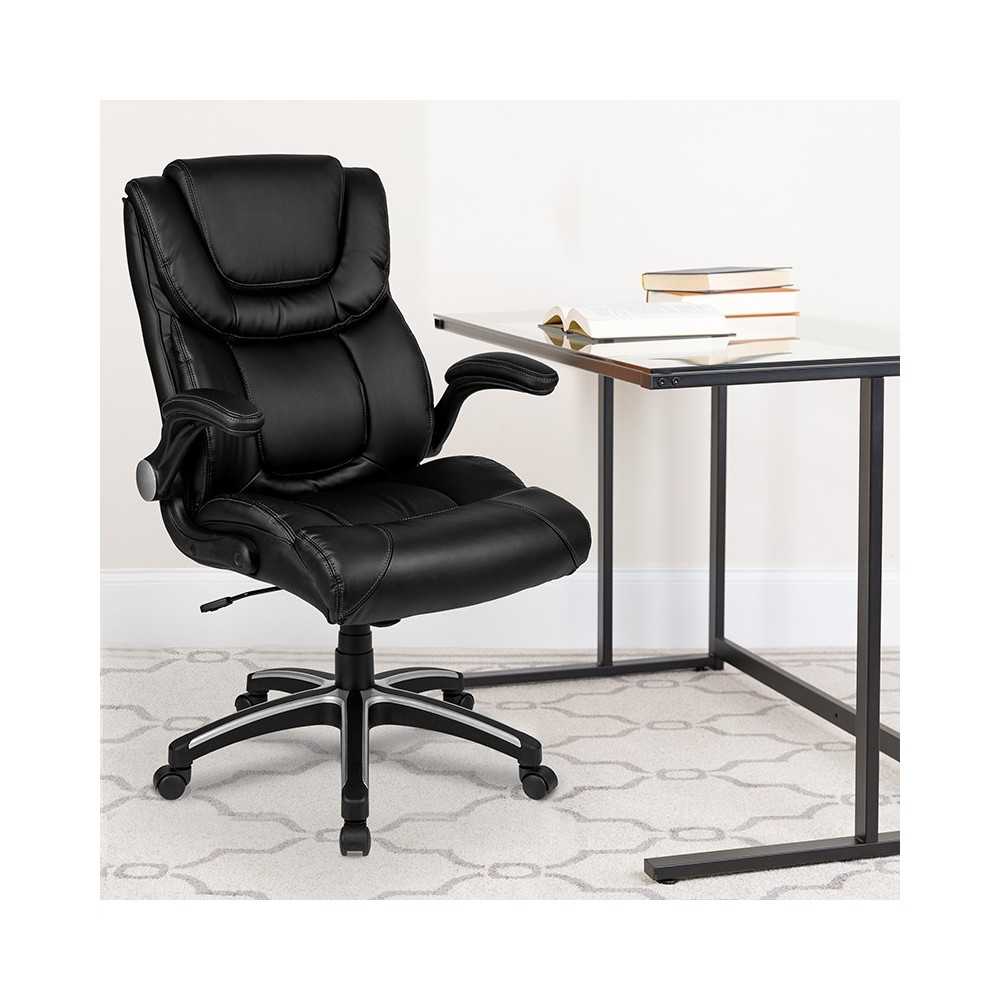 High Back Black LeatherSoft Executive Swivel Office Chair with Double Layered Headrest and Open Arms