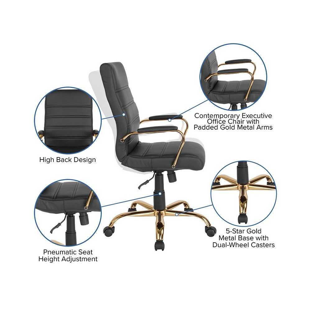High Back Black LeatherSoft Executive Swivel Office Chair with Gold Frame and Arms