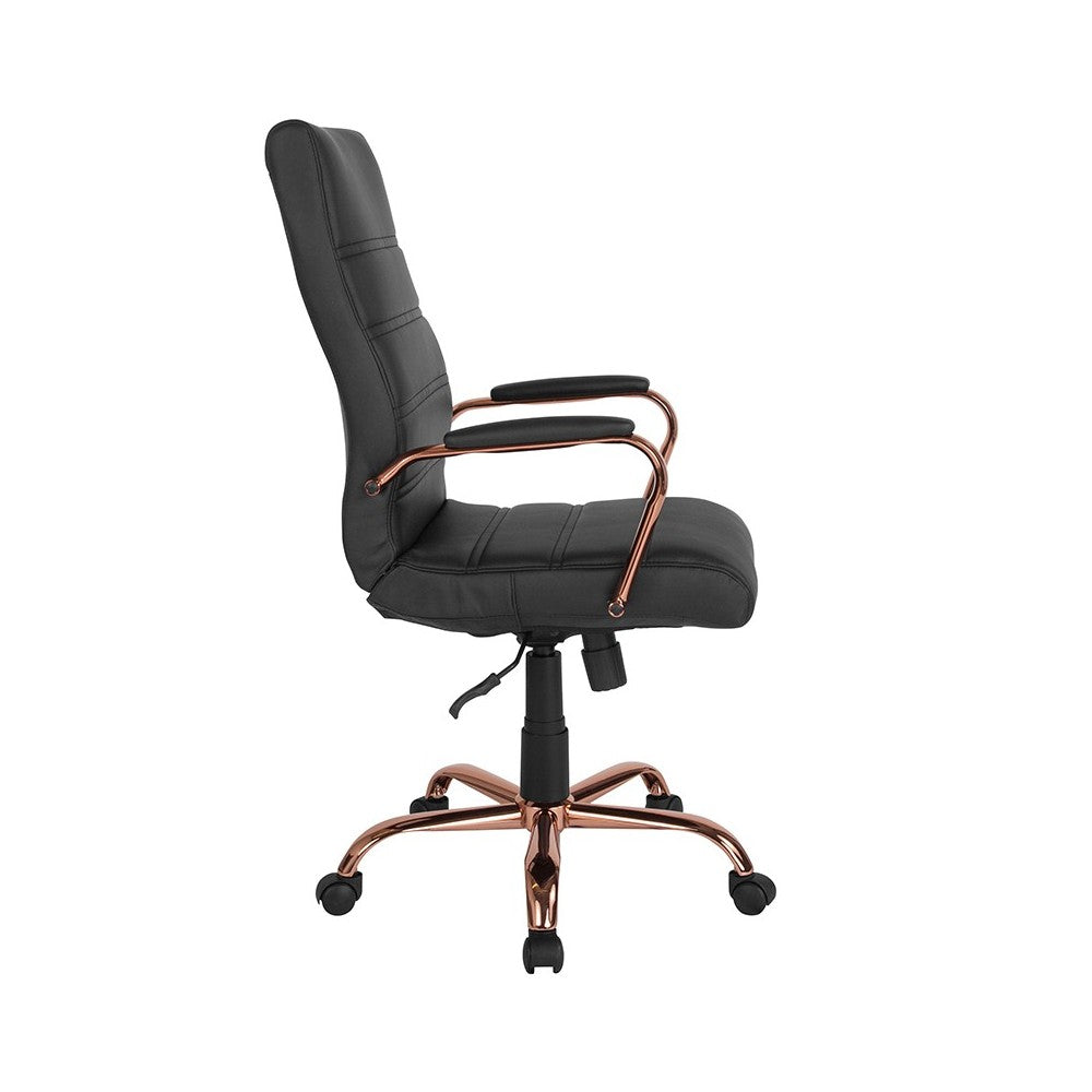 High Back Black LeatherSoft Executive Swivel Office Chair with Rose Gold Frame and Arms