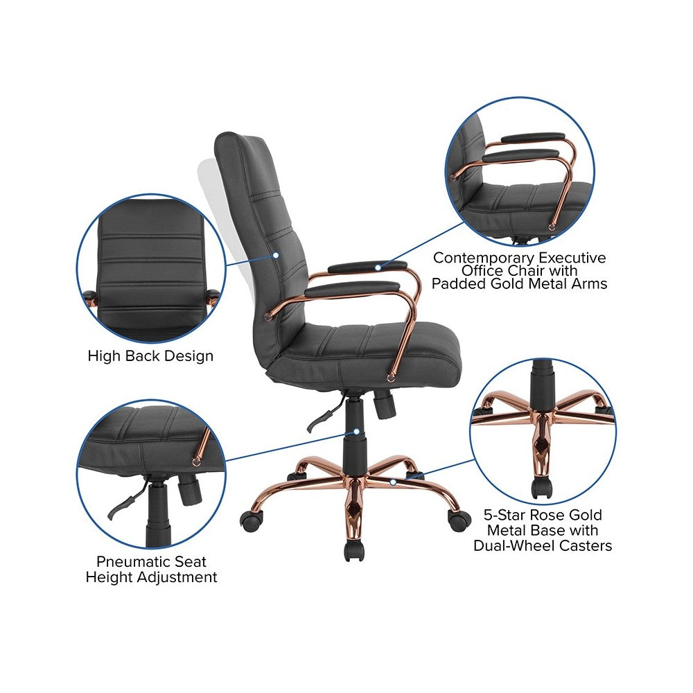 High Back Black LeatherSoft Executive Swivel Office Chair with Rose Gold Frame and Arms