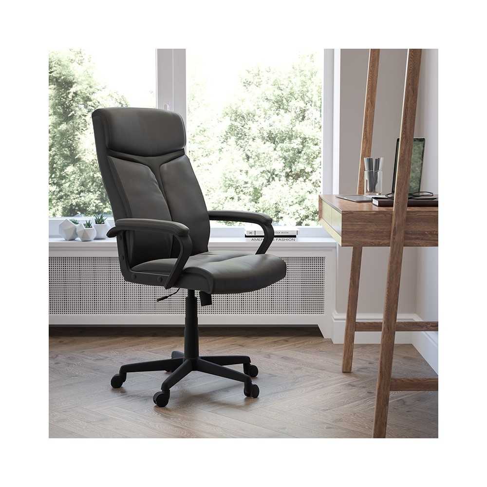 High Back Black LeatherSoft Executive Swivel Office Chair with Slight Mesh Accent and Arms