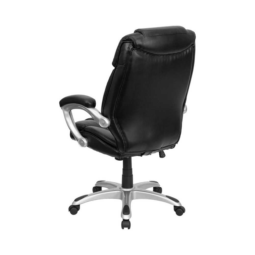 High Back Black LeatherSoft Layered Upholstered Executive Swivel Ergonomic Office Chair with Silver Nylon Base and Arms