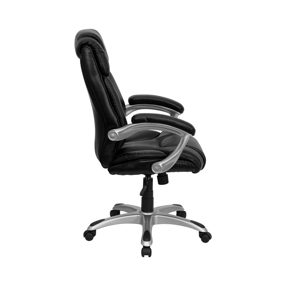 High Back Black LeatherSoft Layered Upholstered Executive Swivel Ergonomic Office Chair with Silver Nylon Base and Arms