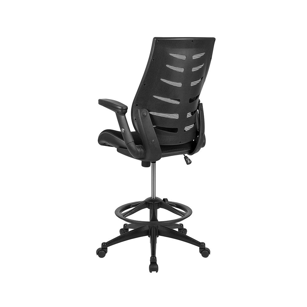 High Back Black Mesh Spine-Back Ergonomic Drafting Chair with Adjustable Foot Ring and Adjustable Flip-Up Arms