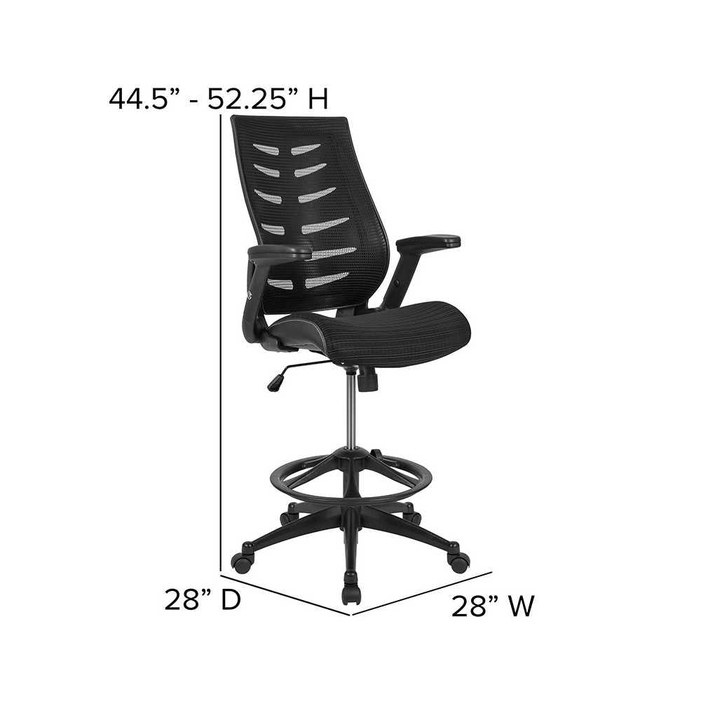 High Back Black Mesh Spine-Back Ergonomic Drafting Chair with Adjustable Foot Ring and Adjustable Flip-Up Arms