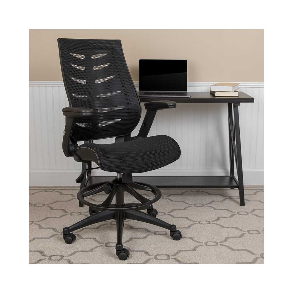 High Back Black Mesh Spine-Back Ergonomic Drafting Chair with Adjustable Foot Ring and Adjustable Flip-Up Arms