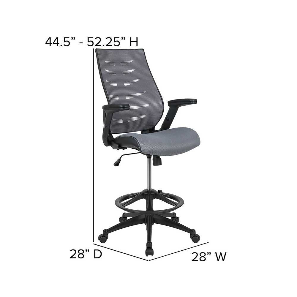 High Back Dark Gray Mesh Spine-Back Ergonomic Drafting Chair with Adjustable Foot Ring and Adjustable Flip-Up Arms