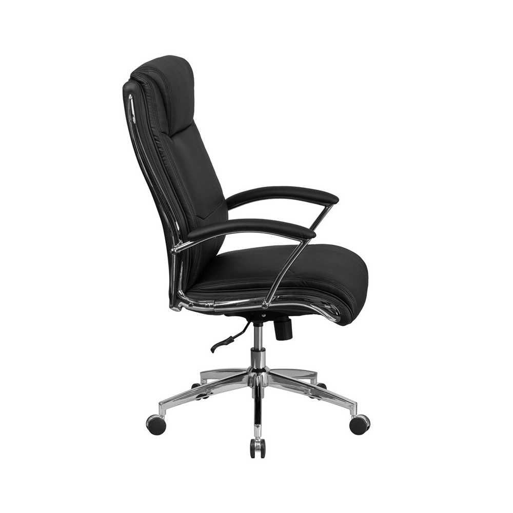 High Back Designer Black LeatherSoft Smooth Upholstered Executive Swivel Office Chair with Chrome Base and Arms
