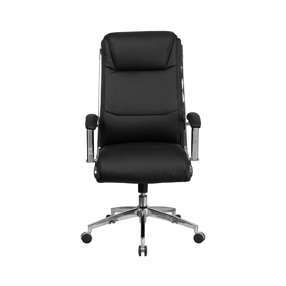High Back Designer Black LeatherSoft Smooth Upholstered Executive Swivel Office Chair with Chrome Base and Arms