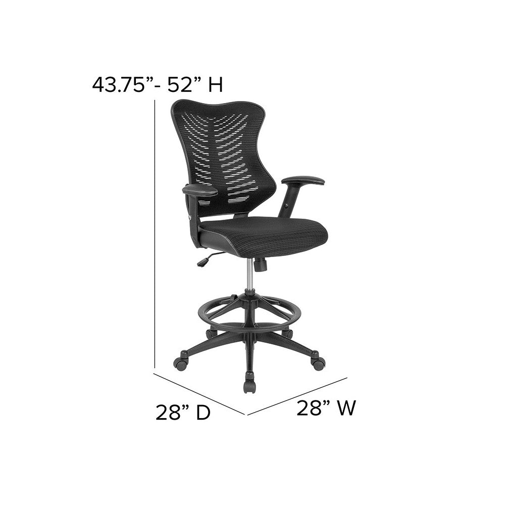 High Back Designer Black Mesh Drafting Chair with LeatherSoft Sides and Adjustable Arms