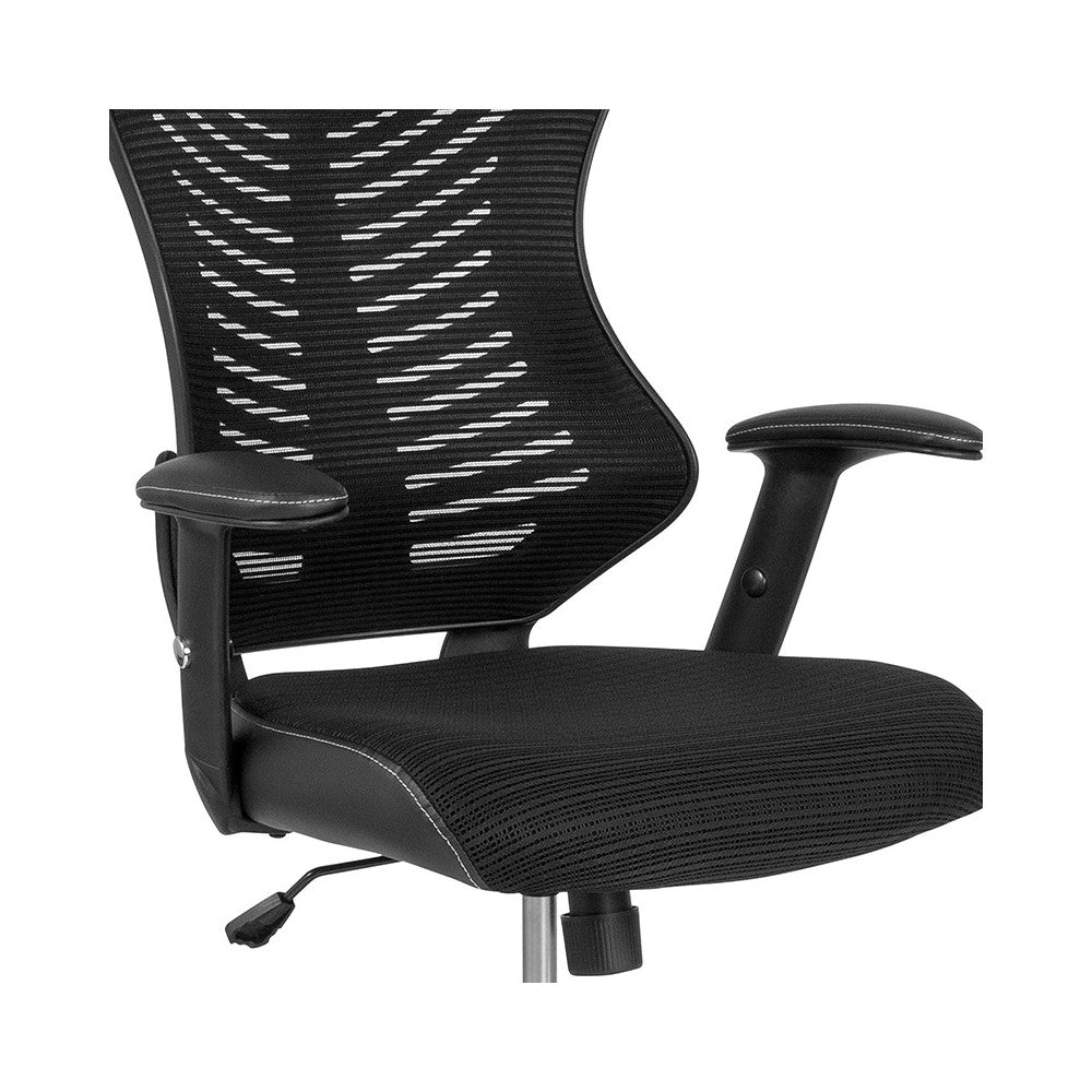 High Back Designer Black Mesh Drafting Chair with LeatherSoft Sides and Adjustable Arms