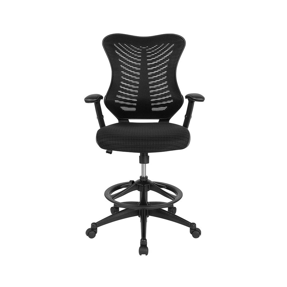 High Back Designer Black Mesh Drafting Chair with LeatherSoft Sides and Adjustable Arms