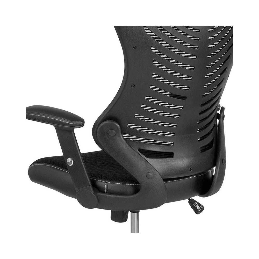 High Back Designer Black Mesh Drafting Chair with LeatherSoft Sides and Adjustable Arms