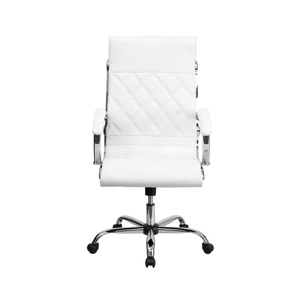High Back Designer Quilted White LeatherSoft Executive Swivel Office Chair with Chrome Base and Arms